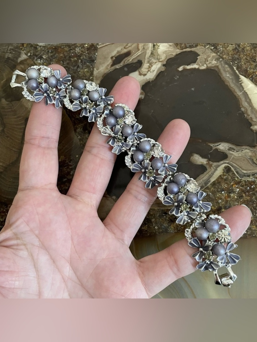 SUPERB Vintage Signed COLCO Bracelet Enamel Flower Rhinestones Gray Faux Pearls